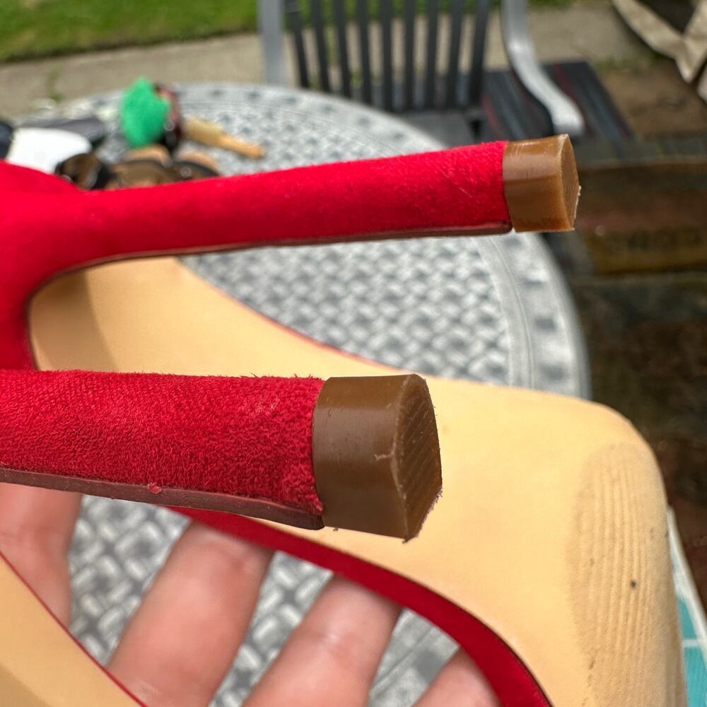 Liliana Red Open Toe Velvet Ankle Strap High Heel Sandal Pump Size 9 Stiletto - Picture 15 of 16
